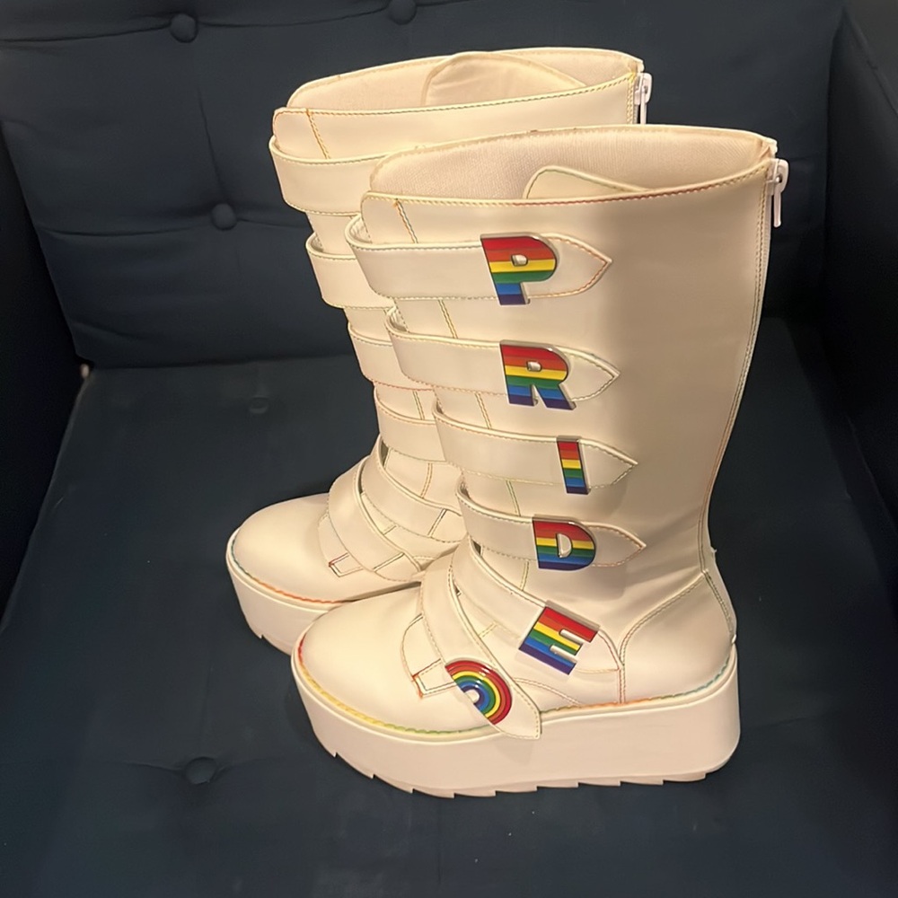 Y.R.U. Karma HI Pride White Platform Boots Rainbow Rave Size 8 - Picture 3 of 14